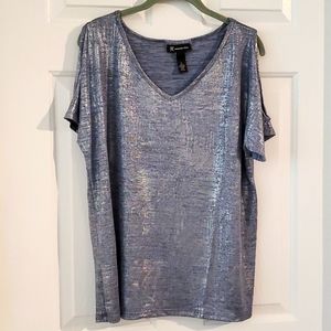 Shimmer Metallic Cold Shoulder Top - Blue/Silver - Size L